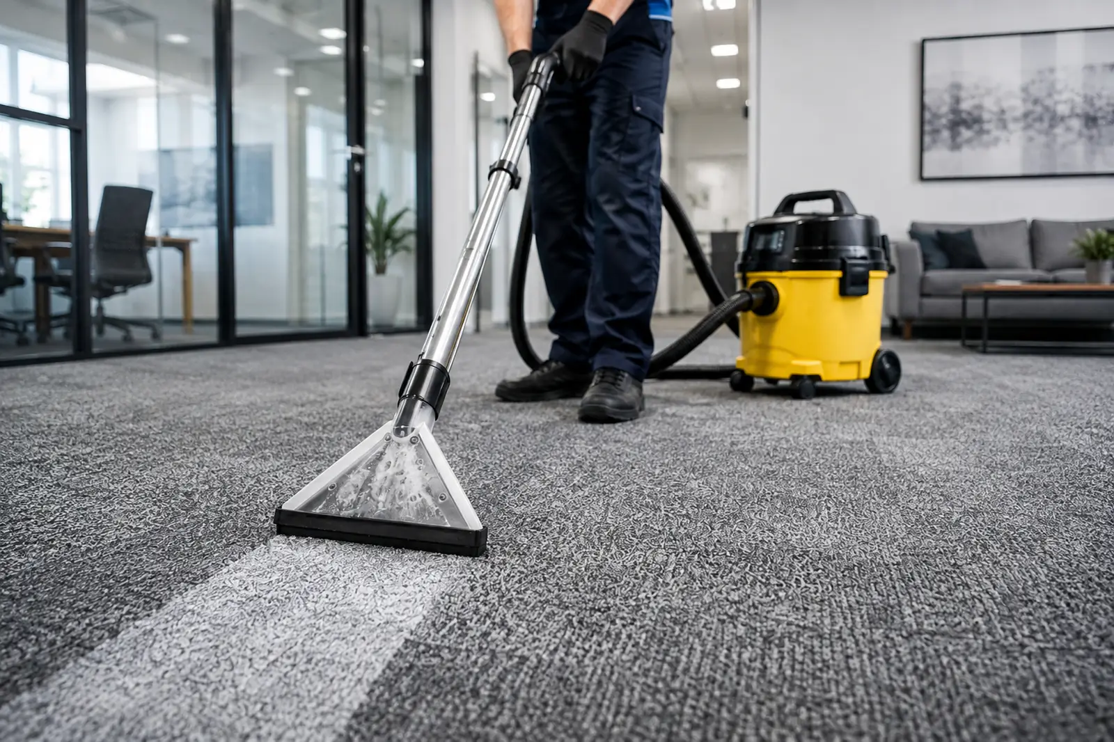 Teppichreinigung in Ingolstadt: Sprühextraktion eines Teppichbodens im Büro