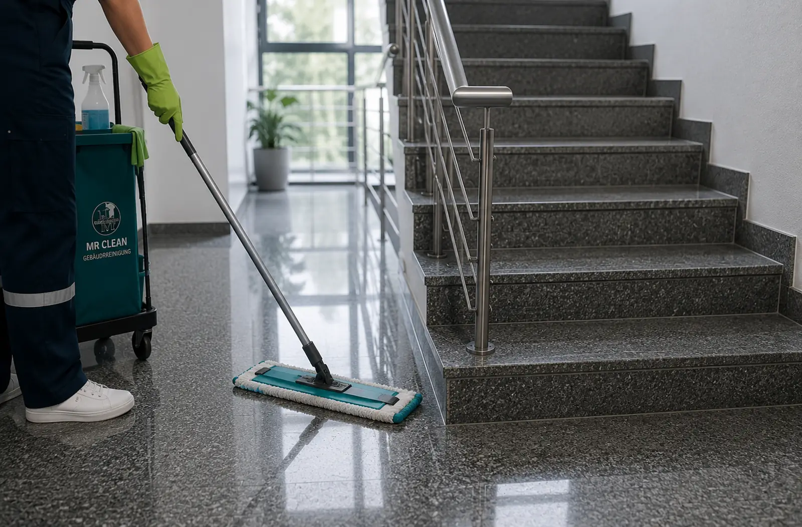 Treppenhausreinigung in Ingolstadt: Wischpflege des Treppenhausbodens mit Reinigungswagen